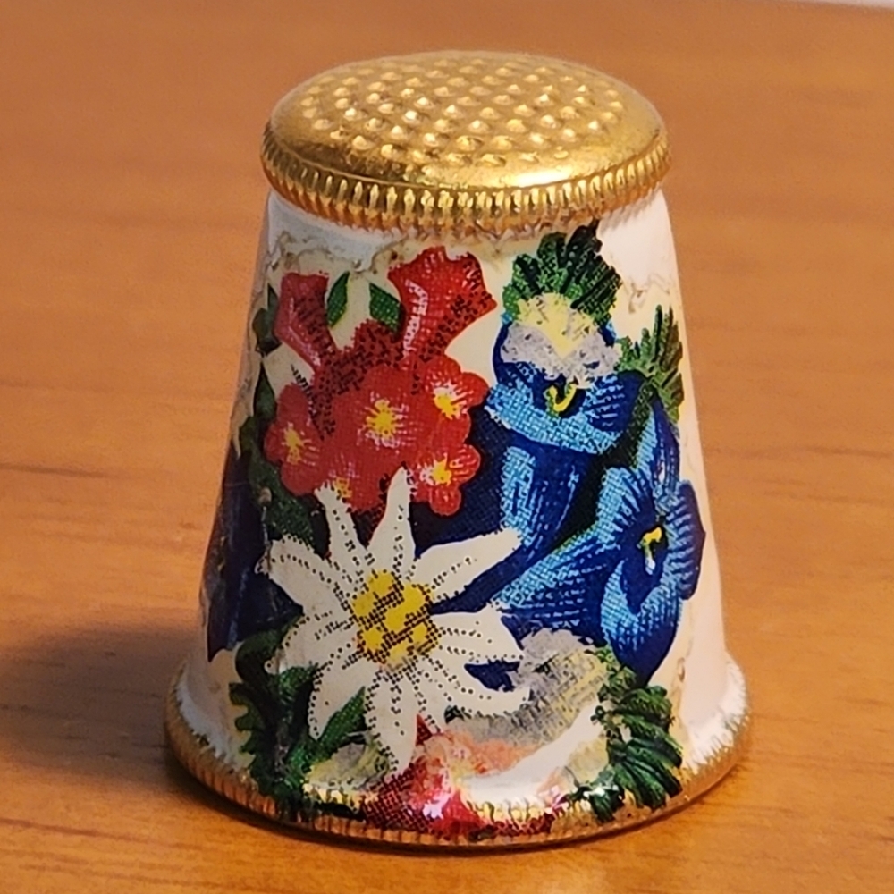 Vintage Brass Plated Metal Thimble Made in Austria Transfer Fowers Edelweiss